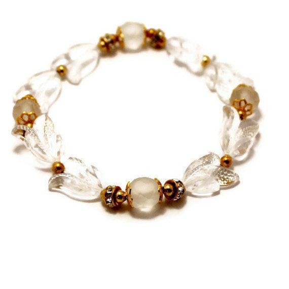 Vintage Bead, Handmade, Clear Bracelet,  Caesar Style, Bracelet with Leaves and Rhinestones - MarlaBeeDesigns