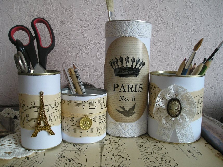 Pencil Holder Handmade Organizer Shabby Chic Up Cycled Gifts, set of 4