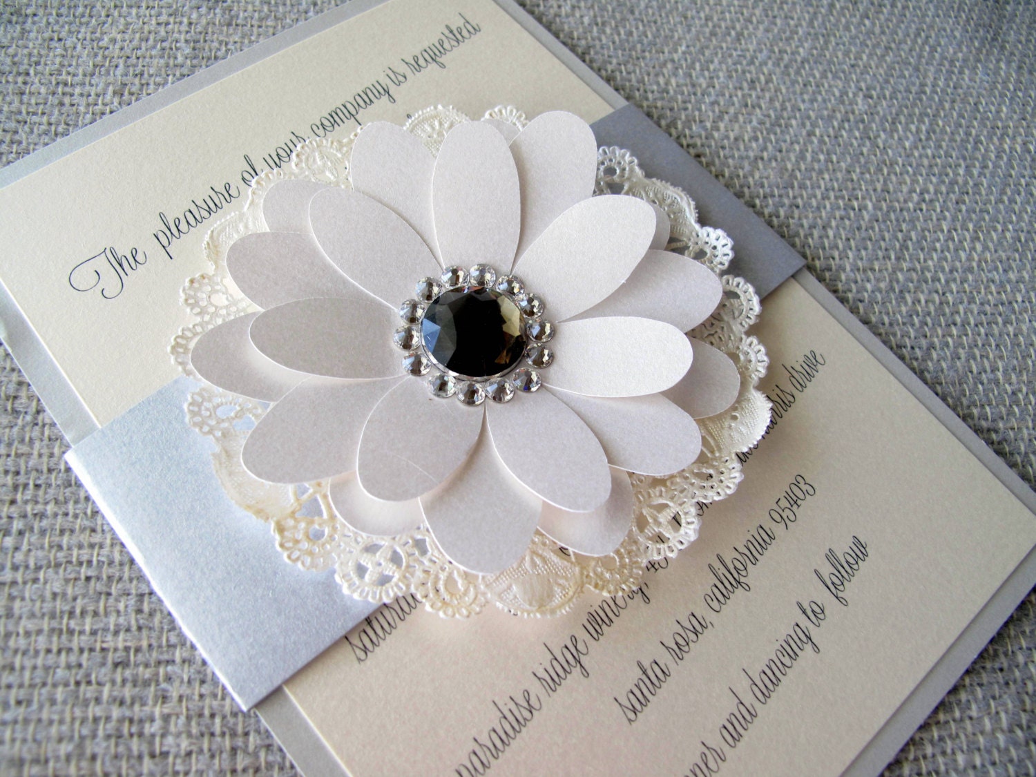 formal wedding invitation jewel and swarovski crystal center black and white