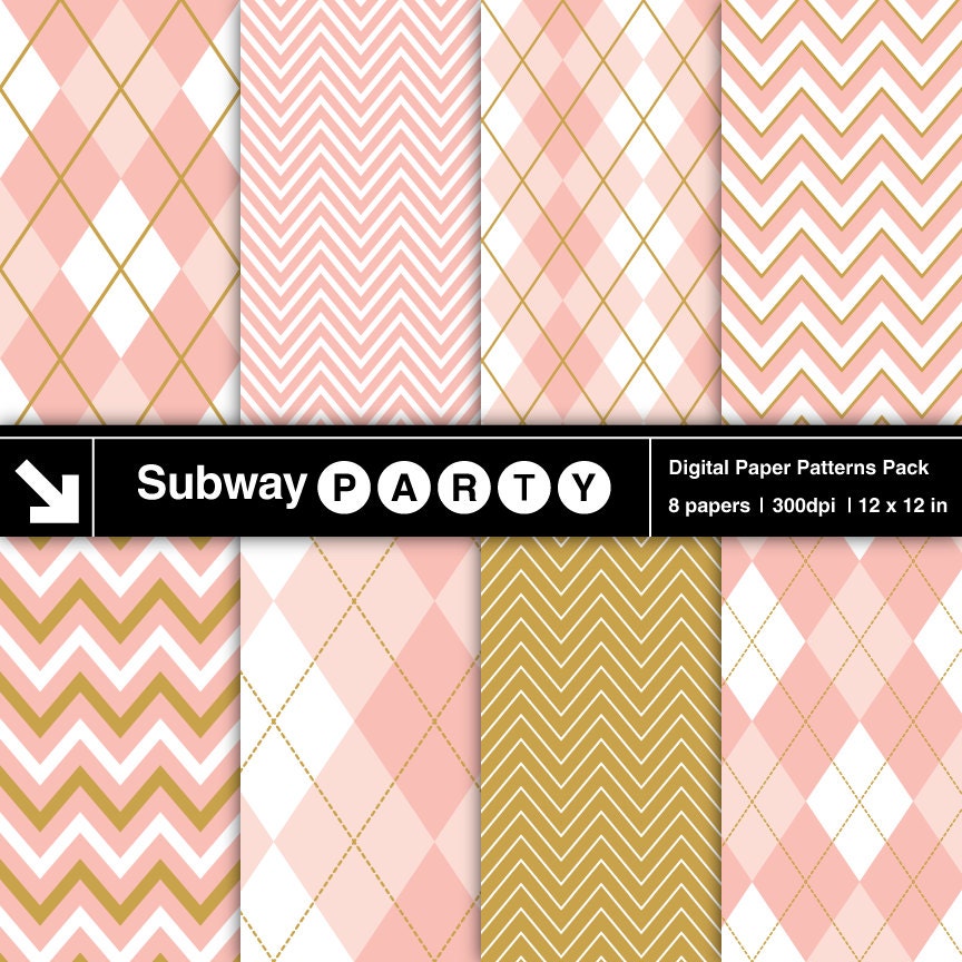 INSTANT DOWNLOAD Gold, Ballet Pink & Peach Cream Chevron and Argyle Digital Papers Pack. Scrapbook / Blog / Invites / Card DIY 12"x12" jpg.