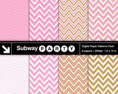 INSTANT DOWNLOAD Carnation Pink and Gold Chevron Pattern Digital Papers Pack. Scrapbook / Invites / Decor DIY 12x12 jpg.