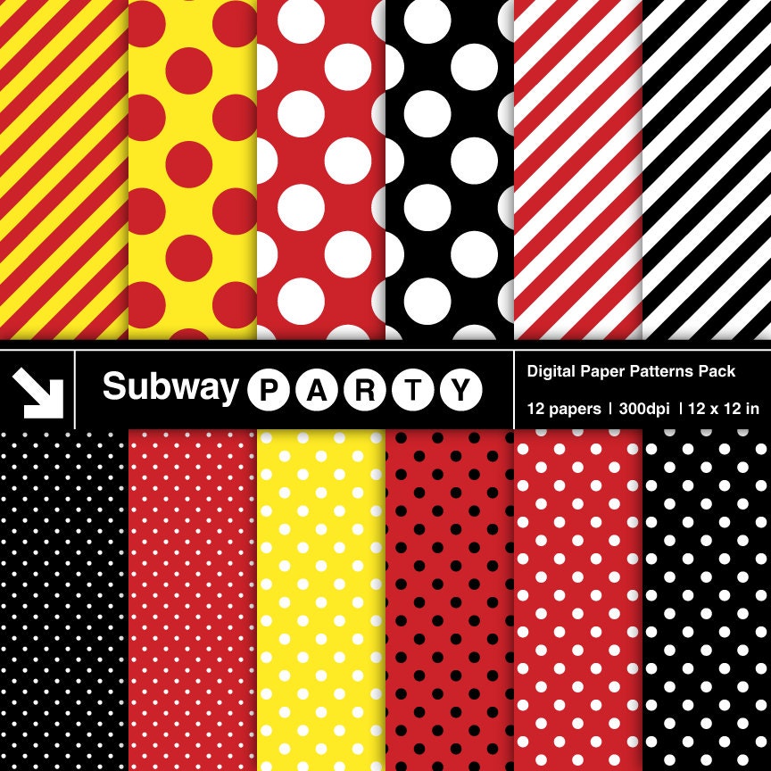 INSTANT DOWNLOAD Mickey Mouse Inspired Digital Papers Pack in Red, Black, Yellow and White Jumbo Polka Dots & Candy Stripes. 12x12 jpg.