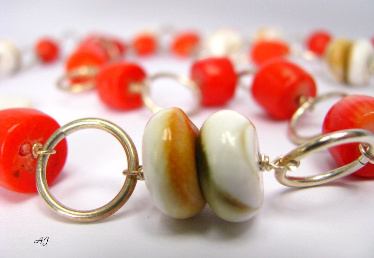 Red Coral Necklace, Shell Sterling Silver Jewelry, Wire Wrapped Long Handmade Necklace, Summer Fashion