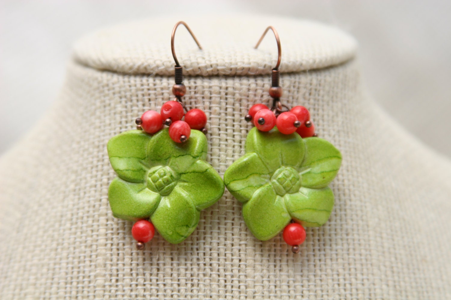 boho green flower earrings, tender shoots resin flower with coral bead cluster earring, whimsical dangle earrings