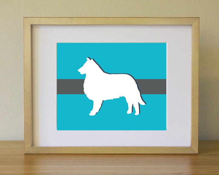 Collie Silhouette - Art print in Turquoise blue background with grey stripe and shadow. Home Decor. Office Decor. 8 x 10.
