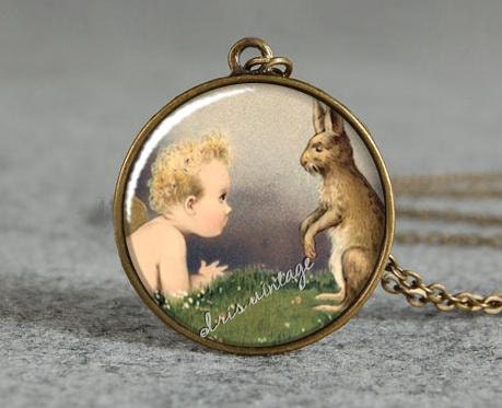EASTER JEWELRY - Rabbit and child long vintage necklace with a free Charm, resin image necklace special easter gift for girl E23