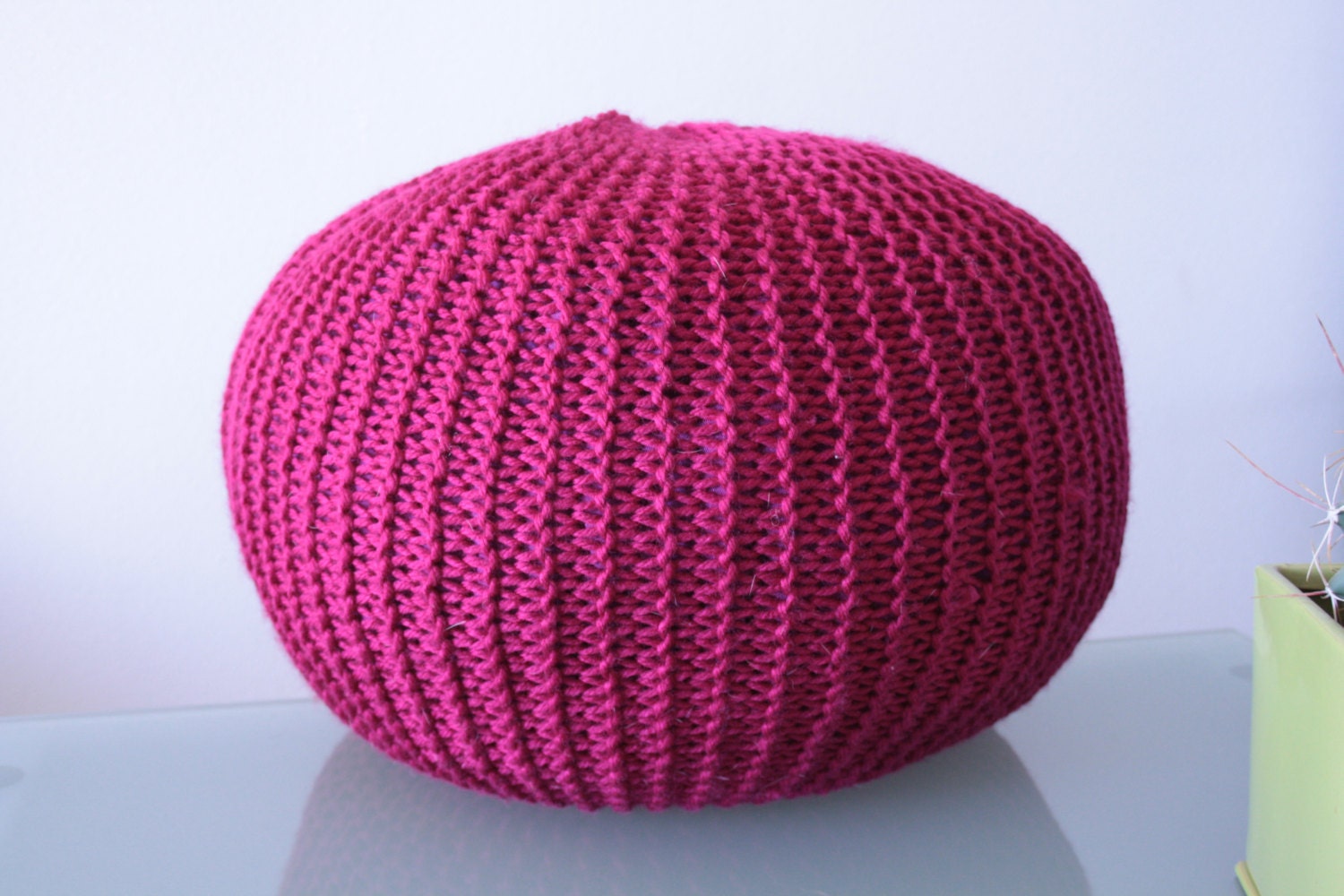 Pouf Knitted Medium Magenta Handmade, Floor Cushion