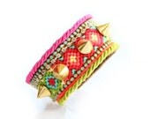 OOAK SS13 Swarovski Spike Neon Friendship Bracelet Jewelry Wide Cuff,bohemian indian gypsy style,Ethnic boho style