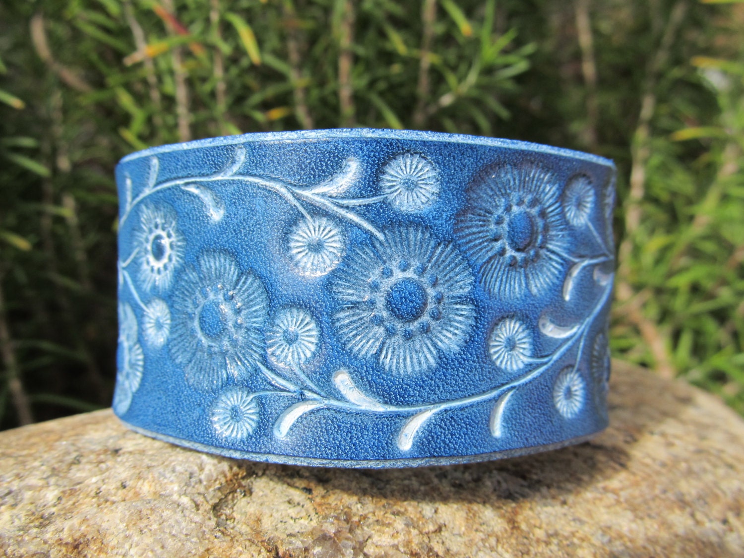 Hand Painted Tooled Leather Cuff Bracelet - Wide Blue Floral Vine - Women Girl