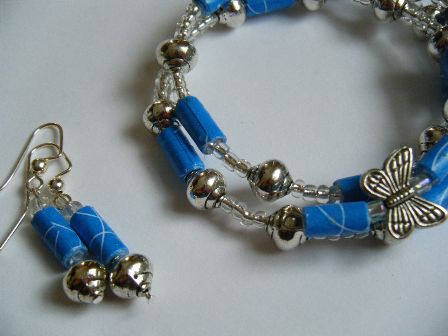 OOAK Butterfly Silver Blue Recycled Paper Beads Memory Wire Adjustable Bracelet Dangle Earrings Set Jewelry Upcycled Material Repurposed
