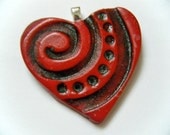 Red Black Valentine Heart Polymer Clay Pendant Necklace with Spiral Design Handstamped Jewelry