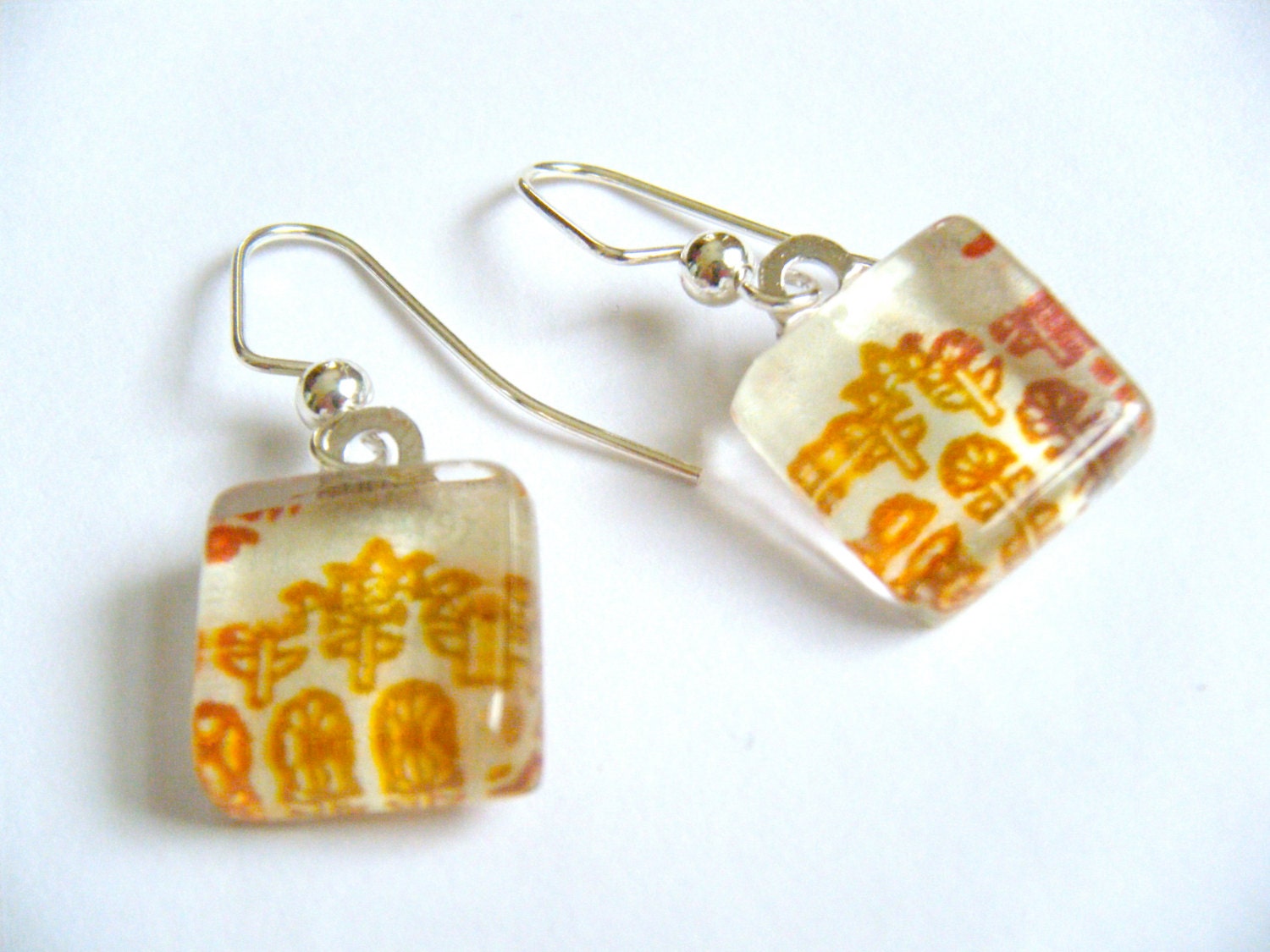 OOAK Red White Indian Bohemian Print Recycled Material Glass Tile Dangle Earrings Wire Hooks Silver Upcycled Paper Repurposed Jewelry