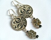 Black White Dangle Recycled Materials Paper Earrings Silver Beads Flower Design Circle Jewelry Upcycled Magazine Image