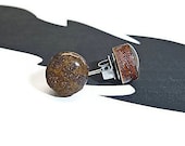 Round wooden stud post earrings kraft and brown glitter asymmetrical design handmade