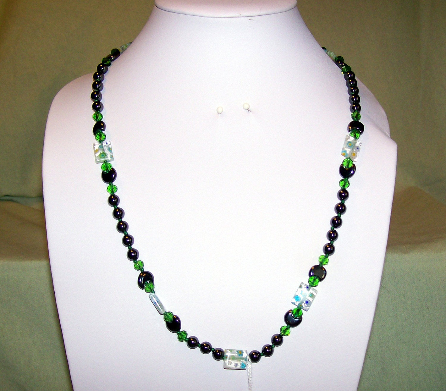 Gift for Mom Handmade Black Hematite, Green  Millefiori Beads, Swarovski Crystal, Necklace and earrings, 091212.21