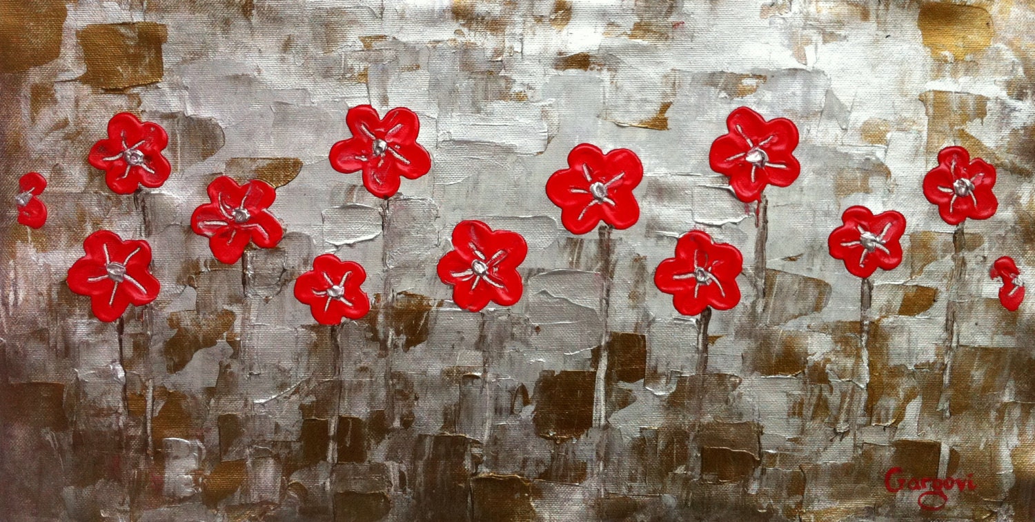 ORIGINAL Contemporary Landscape - Red Flowers - Abstract Painting - Textured Modern Silver Red Painting - Fine Art By Gargovi