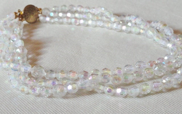 Multi Strand Clear Faceted Irredescant Bead Necklace, Vintage Jewelry