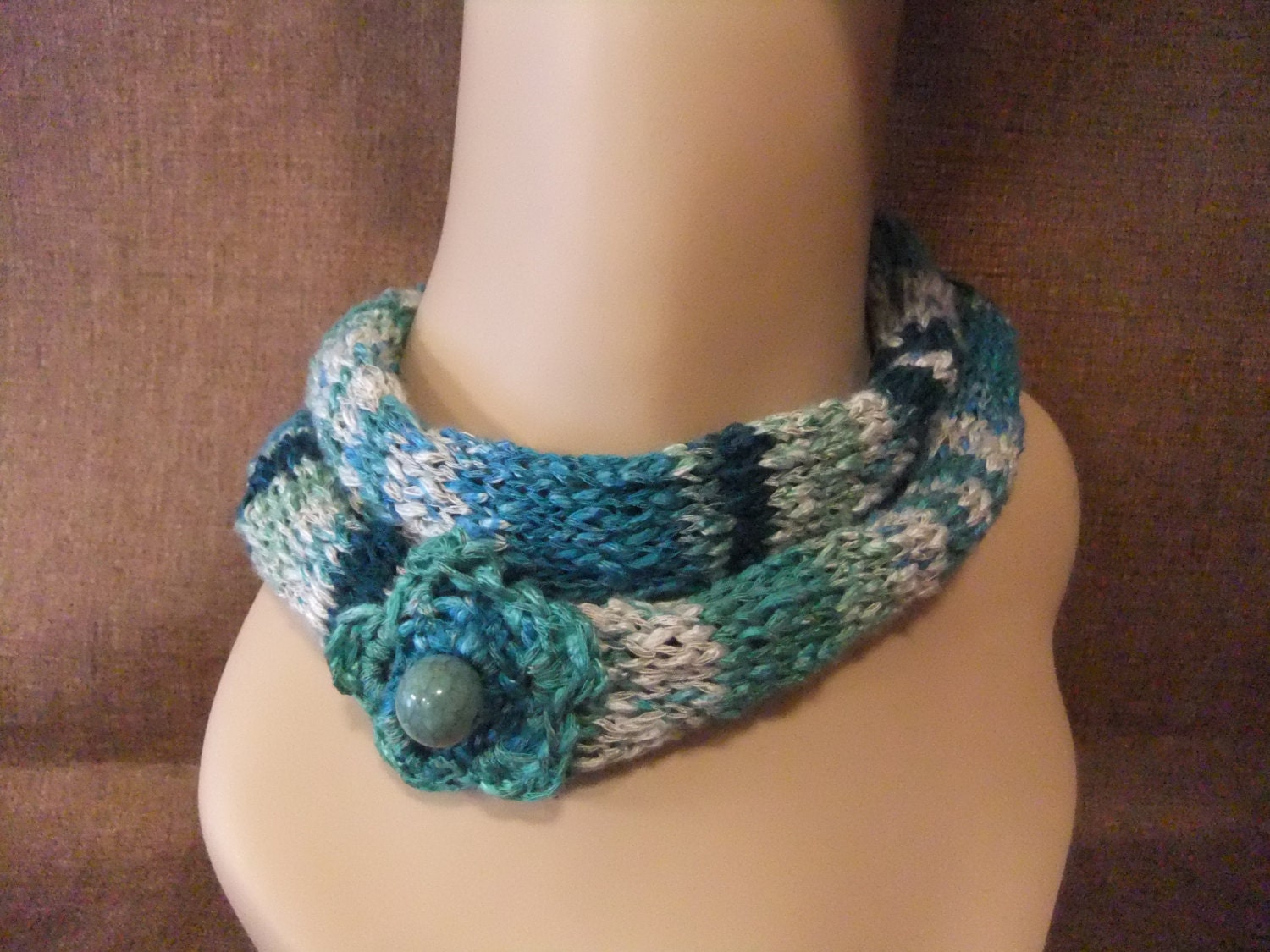 Handmade Knit Tube Rope Scarf Necklace Bracelet Hair Tie Shades of White Blue Green Accessory Spring Summer Fall Winter