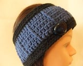 Handmade Crocheted Girl Woman Head Band Ear Warmer Dark Royal Blue Black Crochet Handmade Headband Accessory with Button