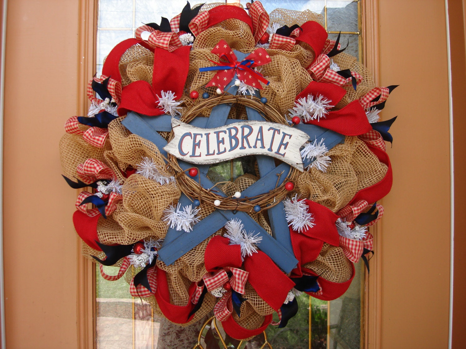 FREE SHIPPIING...Deco Mesh Patriotic 4th of July Door Wreath