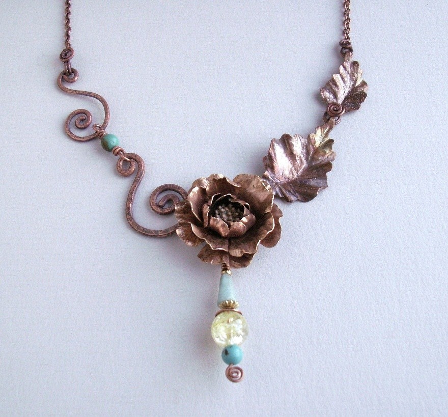 Flower copper necklace, ooak necklace,  flower handmade necklace, copper jewelry, metalwork, coppery