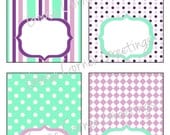DIY Instant Download Polka Dot/Stripes  Food Labels/Table Tents, Wysteria- Green-Purple Polka Dot-Stripes