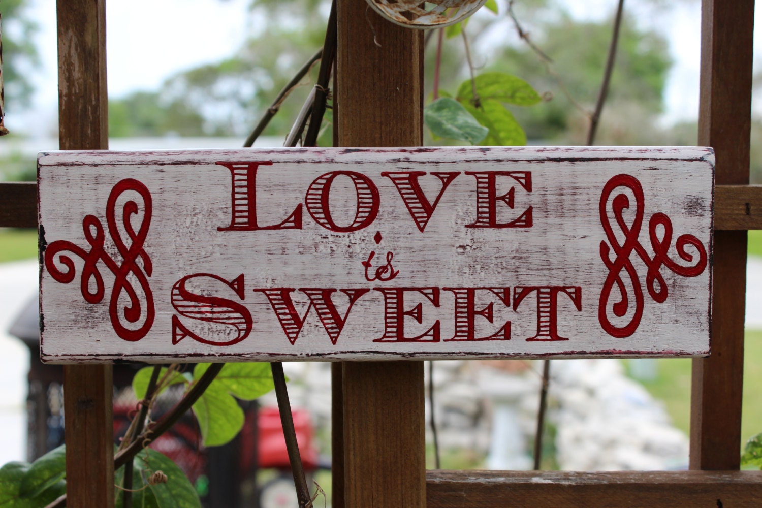 Love Is Sweet, Reclaimed Hand Painted White, Red & Black Distressed Wood Sign, Rustic, Romantic, Great for Wedding or Displayed in Your Home