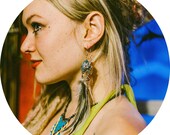 arrowhead / chrysocolla stone / feathers / wire wrapped asymmetrical set of two NON MATCHING earrings // hippie boho tribal inspired
