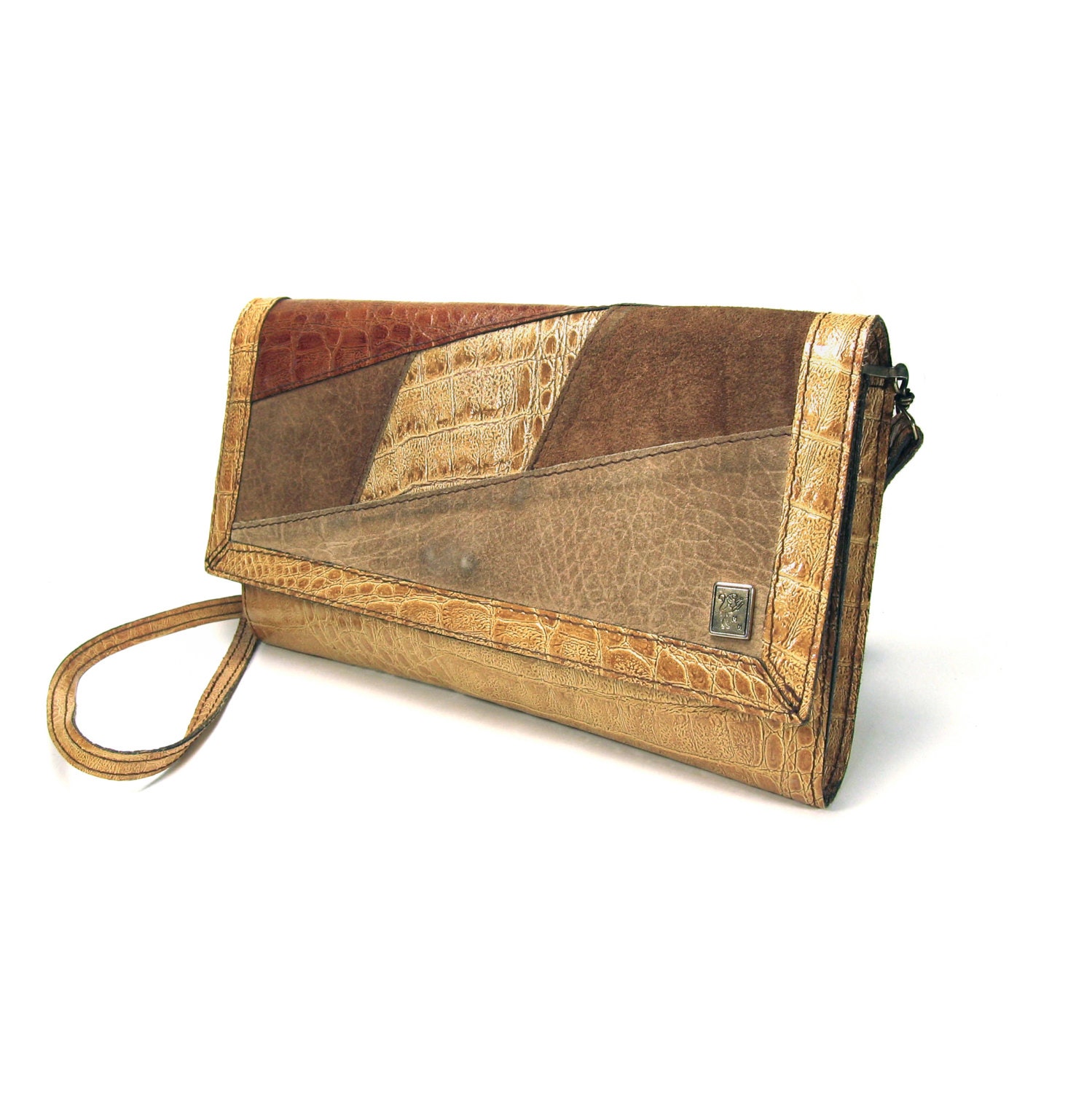 Leather shoulder bag - Vintage boho chic envelope clutch bag - Crocodile embossed leather and suede handbag in tan, taupe and brown