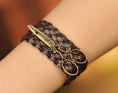 scissors bracelet,retro bronze scissors,light brown braid leather bracelet---B121