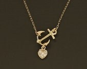 Sideways Gold Anchor Necklace with Pave Heart- 14K Gold Filled Chain
