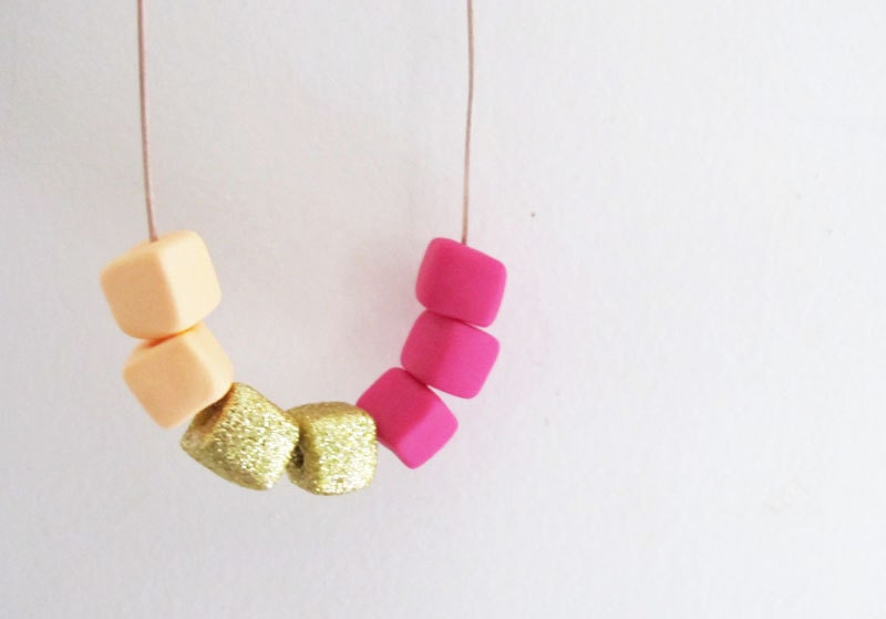 Handmade Geo Cube Necklace in Peach Orange, Glitter Gold and Neon Fuchsia Pink. Bright Geometric