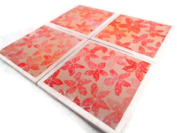 Ceramic Tile Coasters Peach and Red Flowers Set of Four Felt Backing