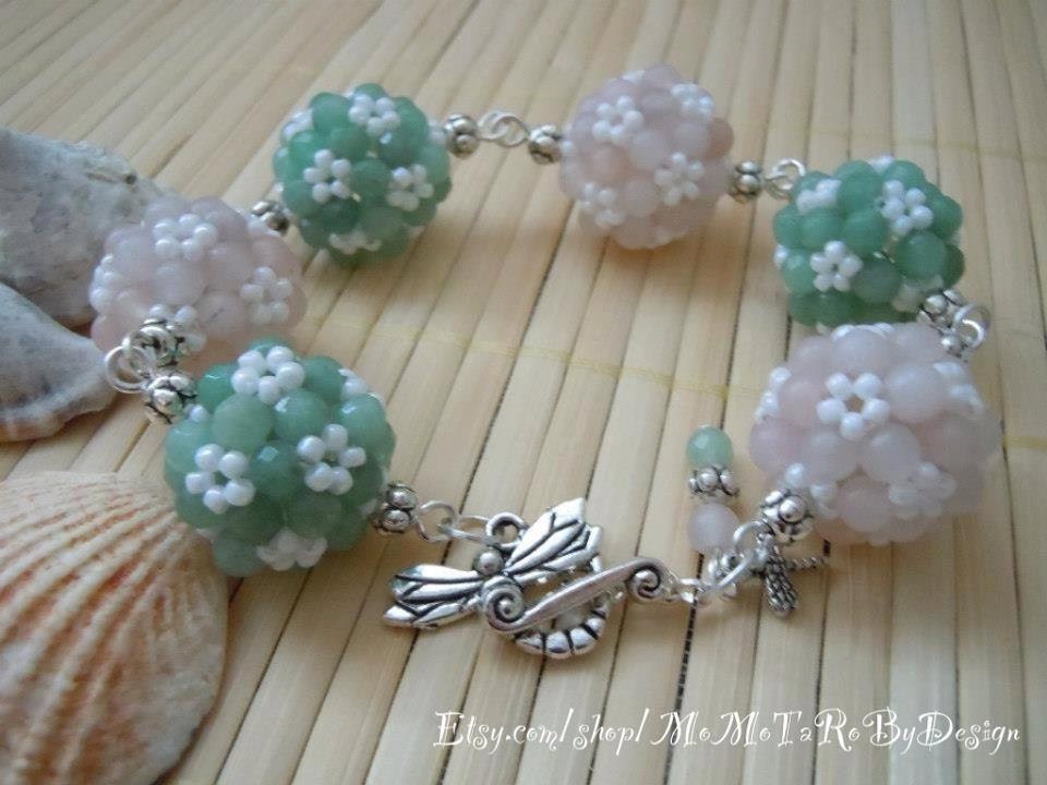 Lovely Handmade 4mm Faceted Jade & Pink Aventurine round Semiprecious Stone Beautiful Ball Antiqued Silver Dragonfly Bracelet Chic Style