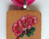 OOAK Wood Tile Necklace with hand-drawn wild rose bush flowers