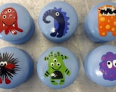Six 35mm Hand Painted Monster Door Pulls / Drawer Knobs Childrens Bedroom Decor Aliens