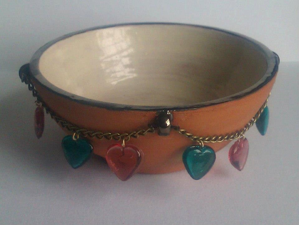 Understated Handmade Small Terracotta Bowl  Blinged out with Glass Bead Hearts and Antique Style Chain.