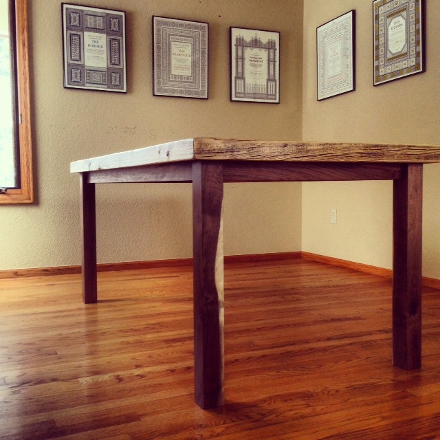 Reclaimed wood dining table with solid walnut base