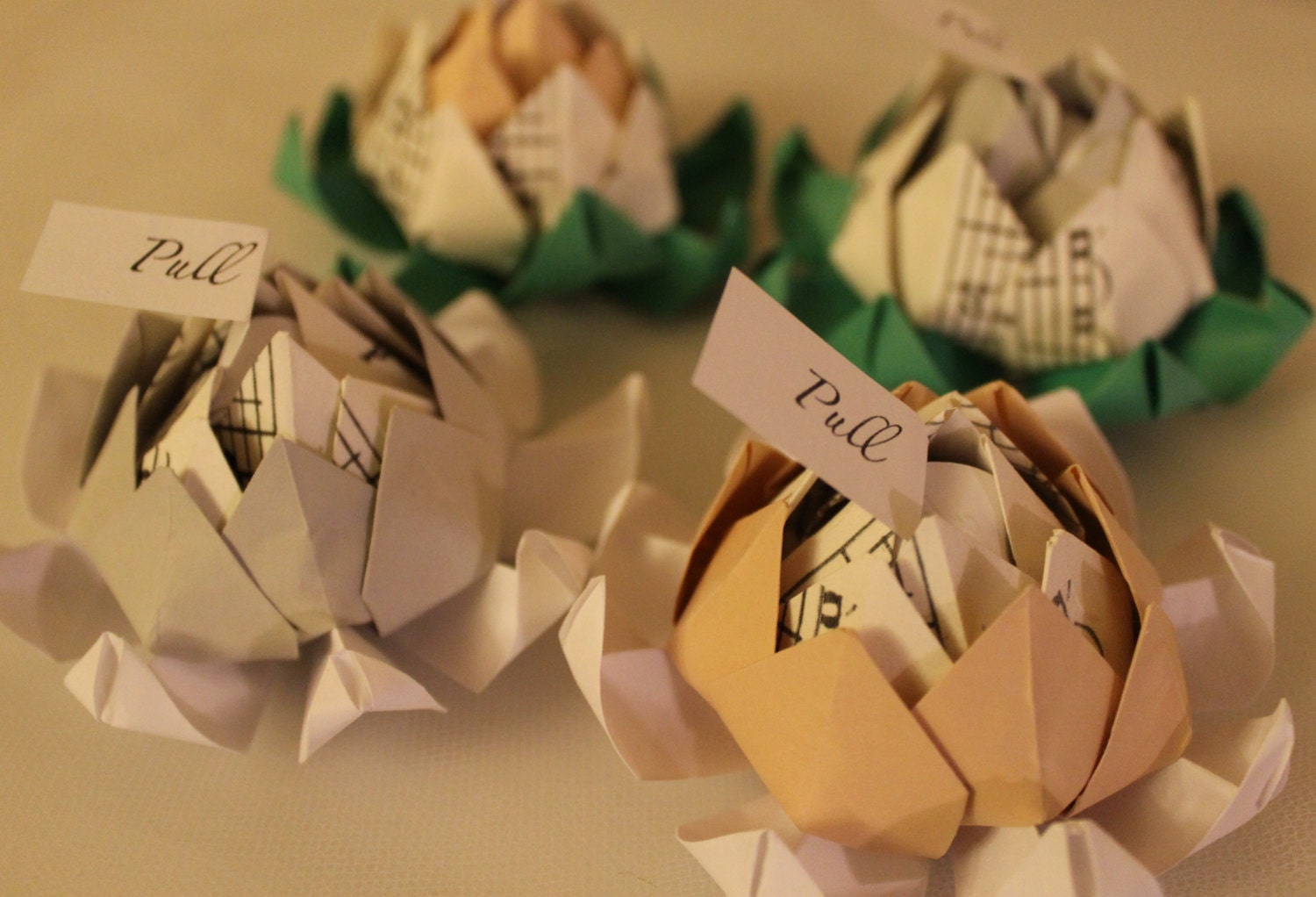 Fifty (50) Origami Lotus Blossom Wedding Favors with Personalized Message (Sheet Music Accent) - Alternative Wedding Flowers