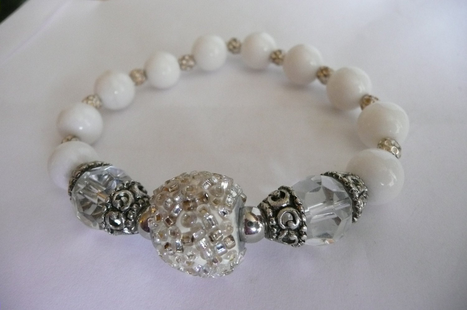 White Jade Bracelet, Crystal Faceted beads, Crystal Pave Focal Bracelet