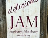 Handmade Old Fashioned Distressed Wooden Sign - delicious JAM - Vintage Style Wall Decor  - Shown in White and Plum