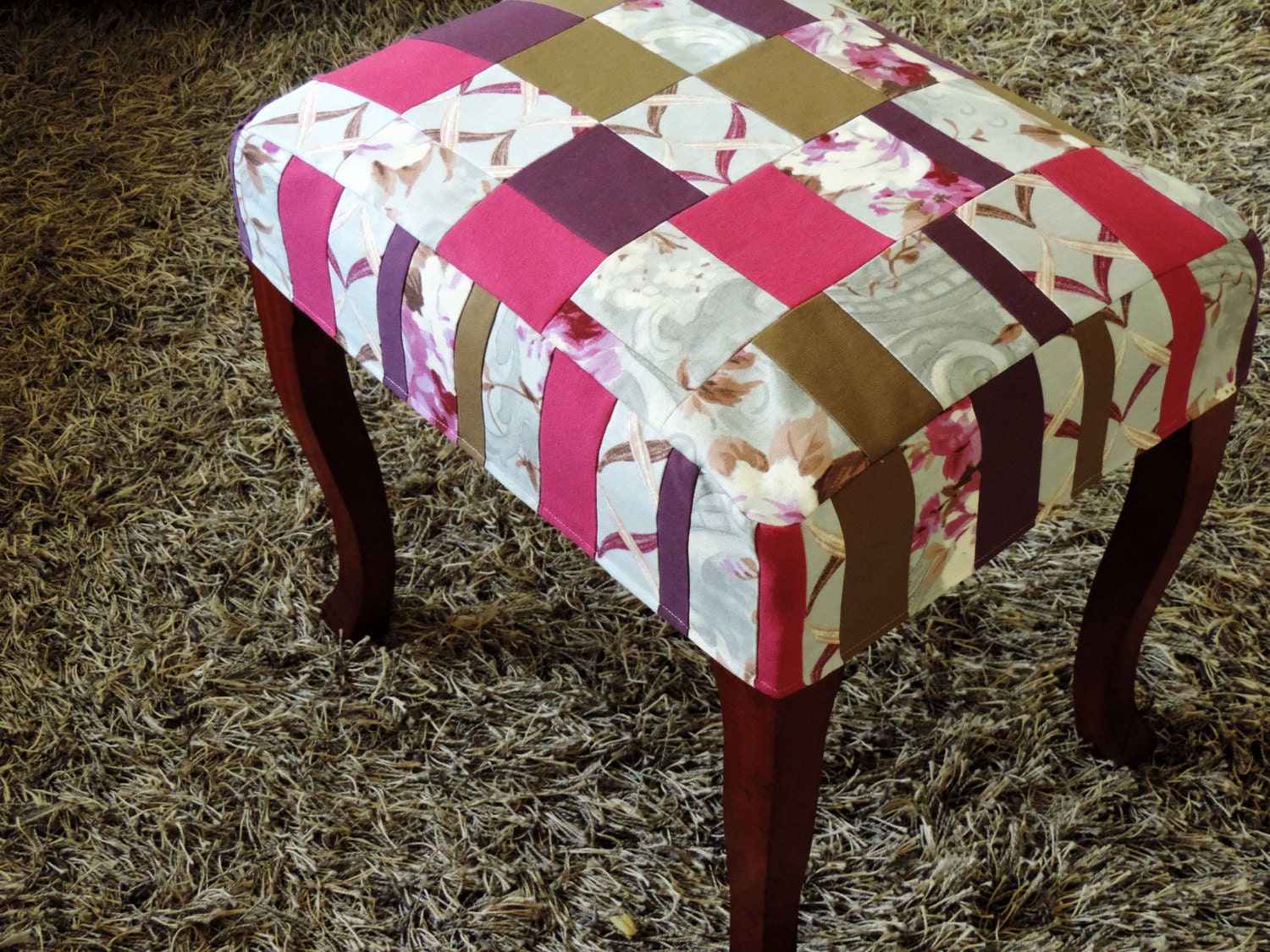 Patchwork Bench - Upholstered Footsool - Upcycled Piano Bench - Upholstered Vintage Chair in Handmade Patchwork fabric - pink purple flowers