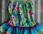 Floral Print, Purple, turquoise and pink flowers children's sundress with ruffles and crochet straps for little girls and princesses.