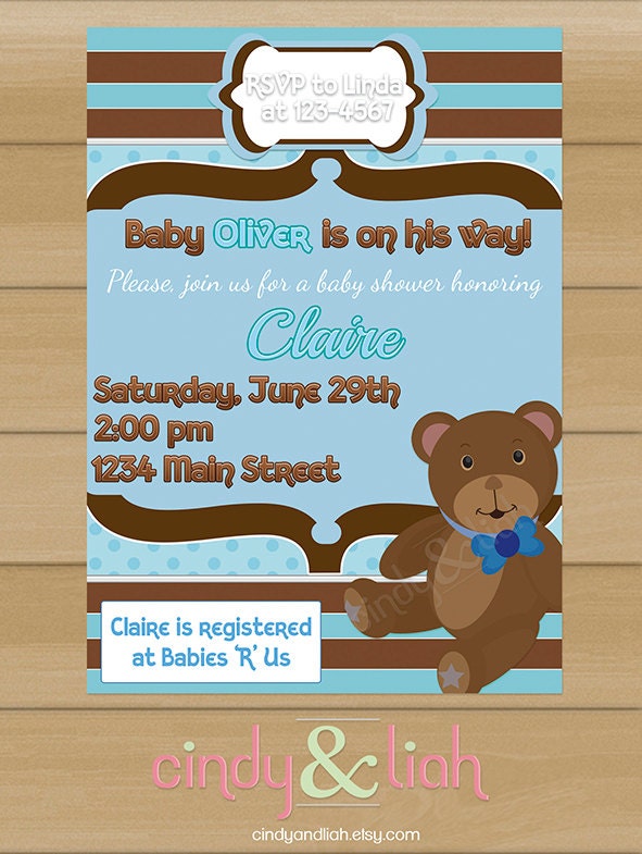 Blue and Brown Teddy Bear Baby Shower / Birthday Invitation, Address Labels, and Envelope Seal Set - Party Printables Il_570xn