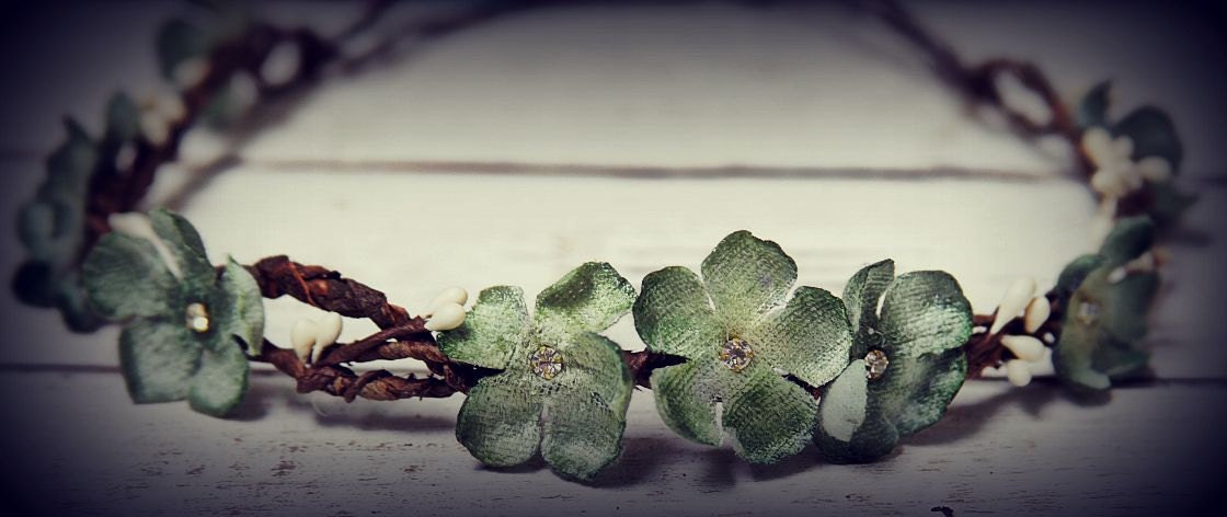 Flower head wreath-Woodland Flower crown Fabric Flowers with Rhinestone centers & faux berries