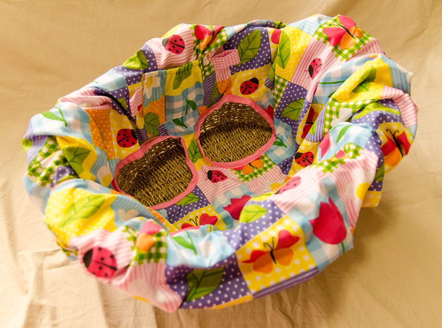 Shopping cart cover, High Chair Cover, handmade. Garden Patchwork, ladybugs, flowers & Soft Pink Gingham