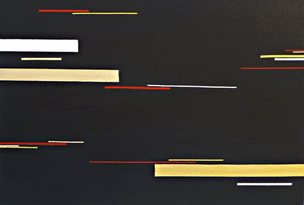 Original Contemporary Acrylic Painting Geometric pattern Black White Red Yellow Gold Metallic paint, 24" x 36"