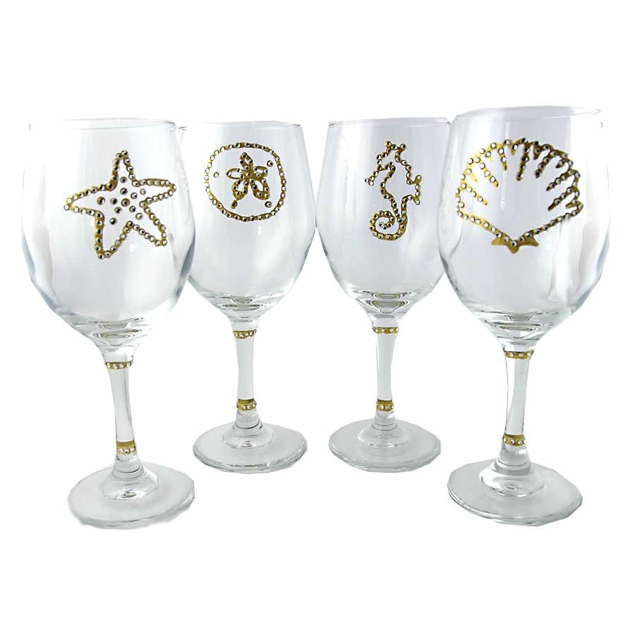 Bling Wine Glass Set of Four, Clear Rhinestones, Gold Glass Paint, 20 oz. Wine Glasses