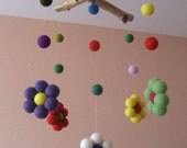Birchwood and Colorful FELT BALLS FLOWERS Mobile / Handmade Nursery Mobile / Eco Friendly Natural