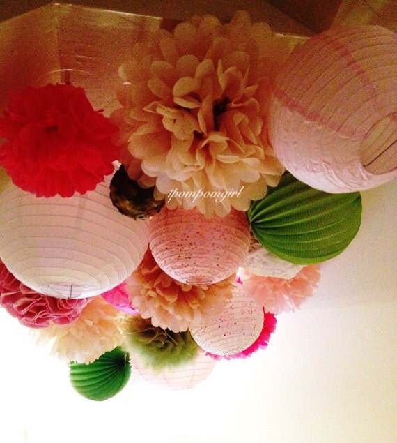 All Decked Out    50 Tissue Paper Pom Pom/Decorated Paper Lanterns    birthday wedding bridal shower baby shower